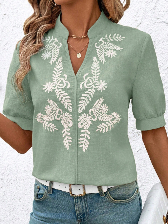 V-neck Fashion Pure Cotton Embroidery Short-sleeved Casual Shirt For Women - Green, M