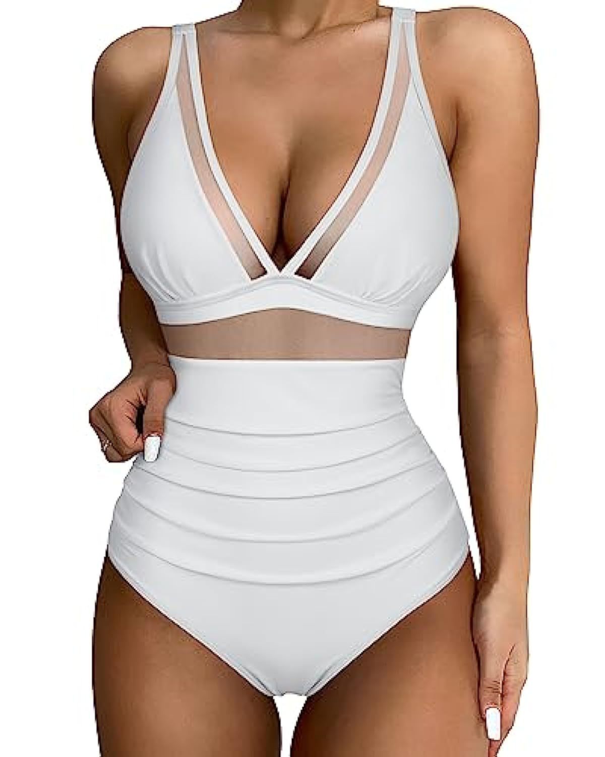 Women's High Waist One-piece Swimsuit - White, L