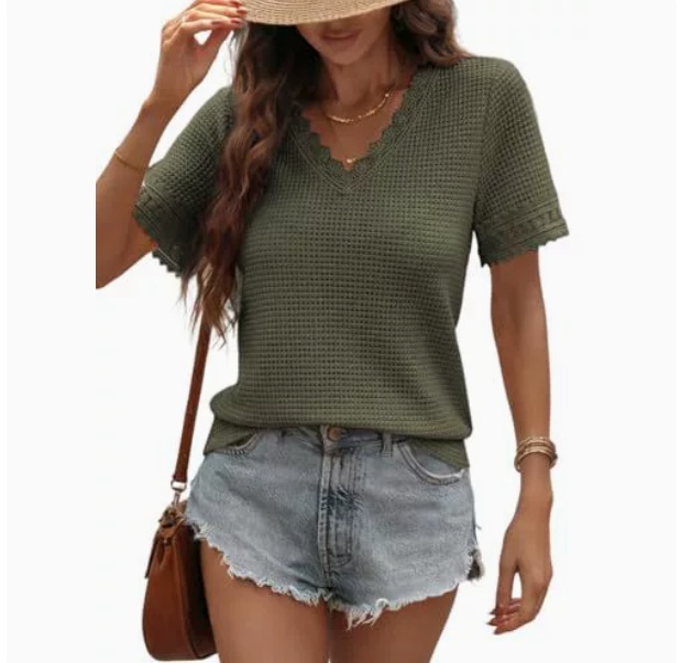 2026 Summer Women's V-Neck Waffle Knit Lace Patchwork Short Sleeve Casual T-Shirt Tops - Army Green, XL