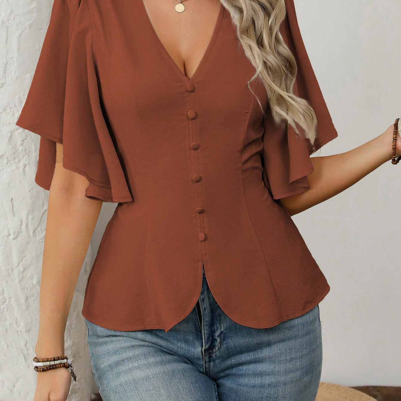Womens Solid-Color Short-Sleeve V-Neck Single-Breasted Waist-Cinching Top - Brown, XL