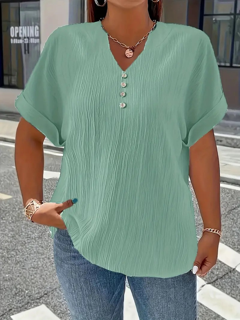 Summer Casual Women's Clothing Small V-neck Short-sleeve Top - Green, L