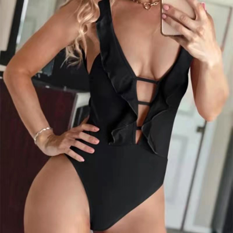 Lotus Leaf Flying Edge One Piece Swimsuit Backless Lace Up Bikini Swimsuit - Black, S