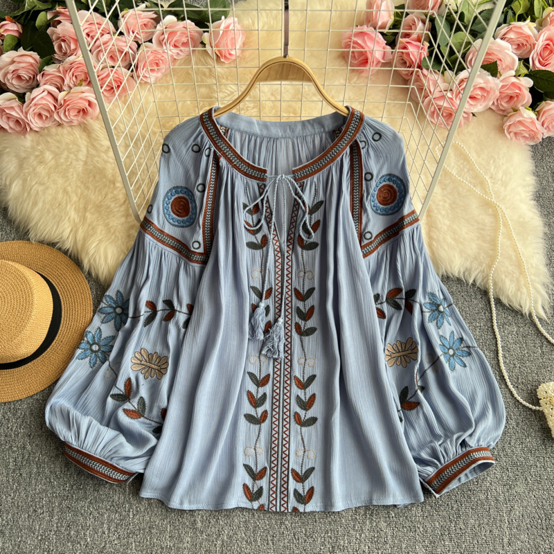 Women's Embroidered Crew-Neck Top With Lace-up Lantern Sleeves - Light Blue, Free Size
