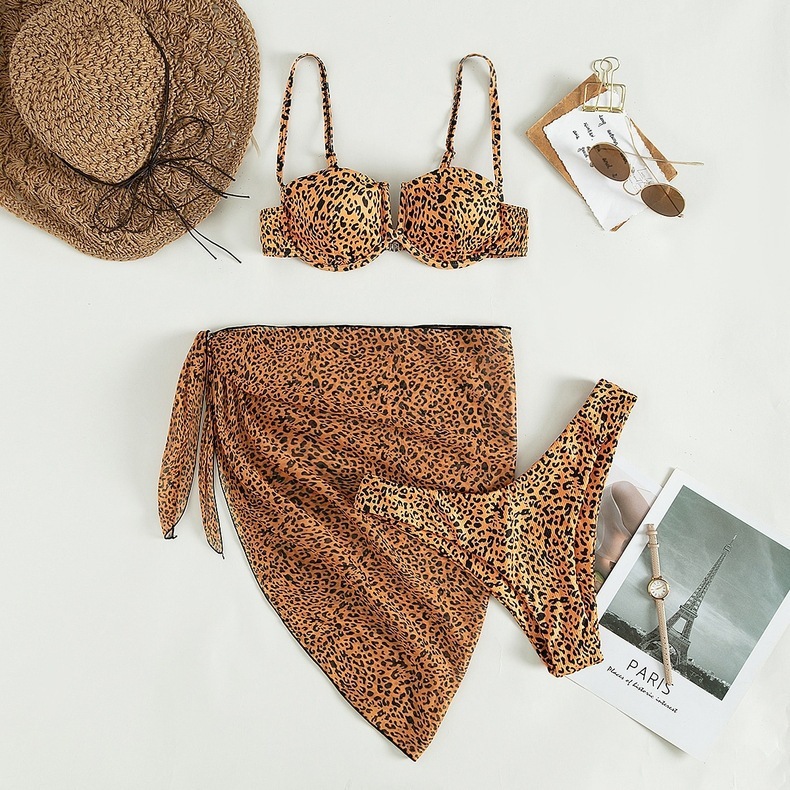 Three-piece Floral Bikini Beach Dress - Orange black leopard print, M