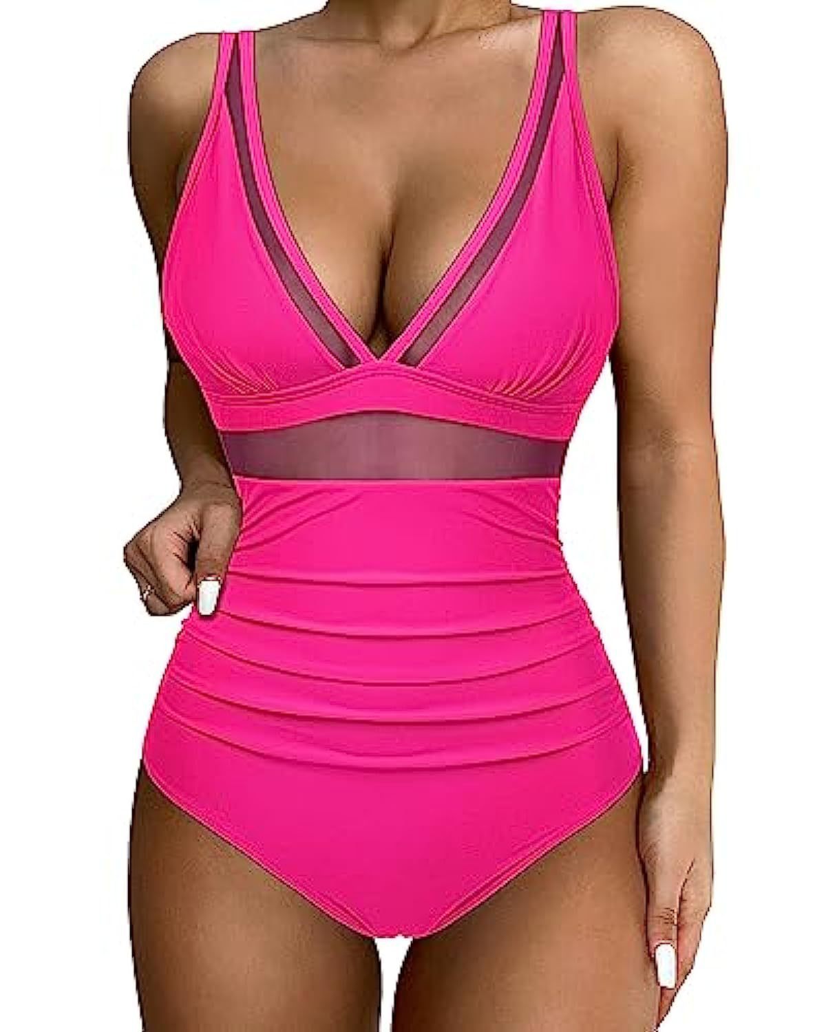 Women's High Waist One-piece Swimsuit - Rose Red, XXL