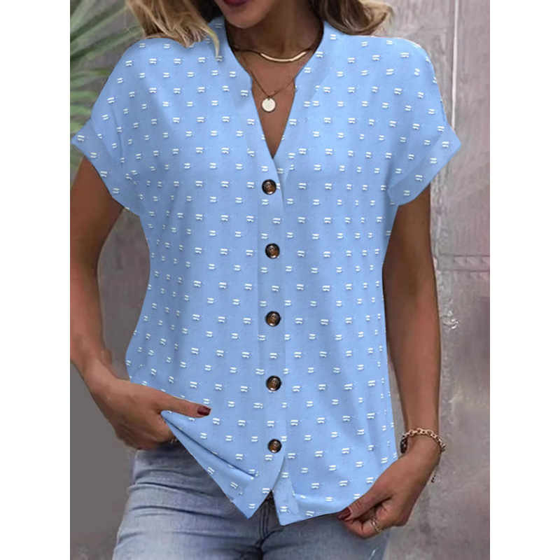 V-neck Short-sleeved Jacquard Top Casual Shirt - Blue, XL