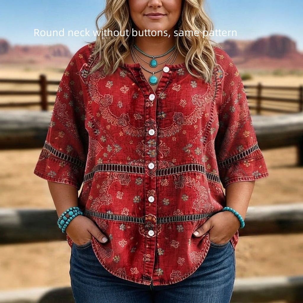 European And American Retro Bohemian Hollow-Out Plus-Size Top - Red, XXS