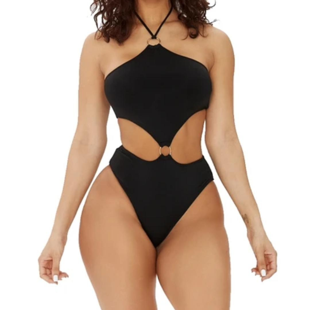 Amazon Solid Color Belt Loop Tie One Piece Swimsuit Women - Black, L