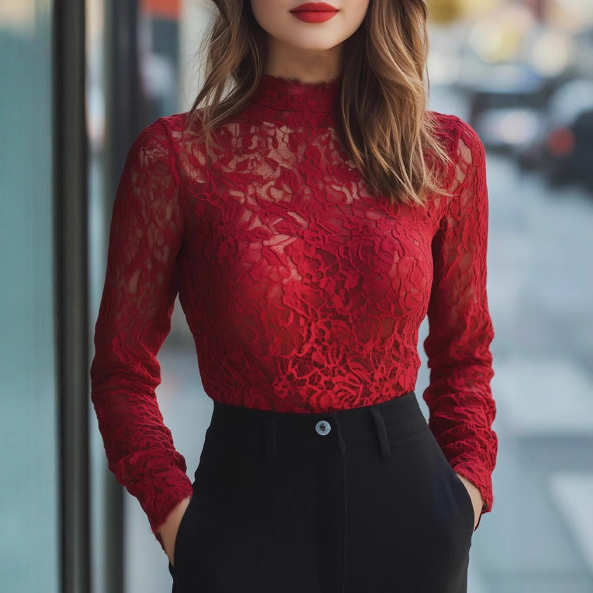 Red Long-sleeve Lace Mock-neck Base Layer Top - Red, S