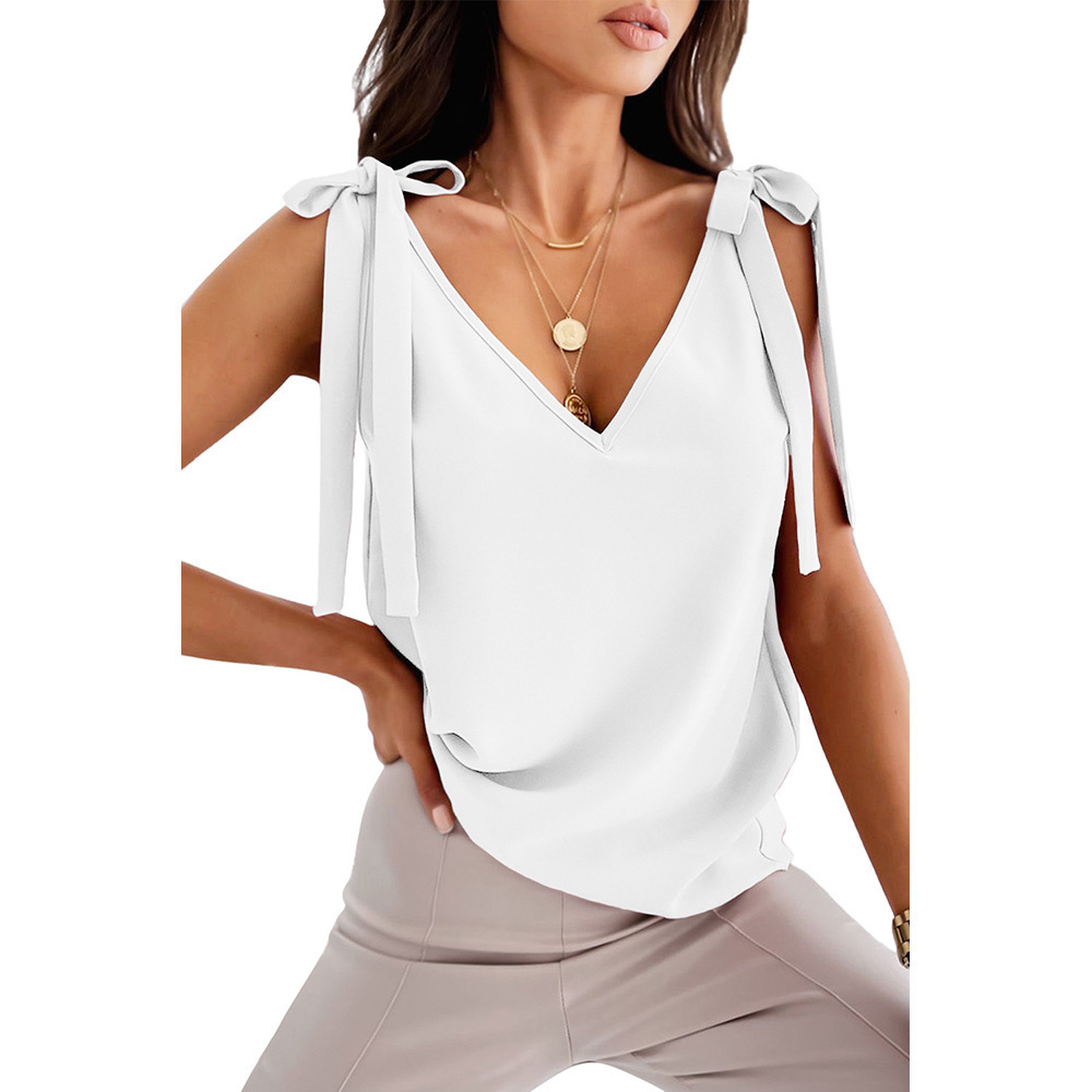 Bowknot Tie Up Camisole V-neck Shirts Women Summer Sleeveless Tank Tops - White, 2XL