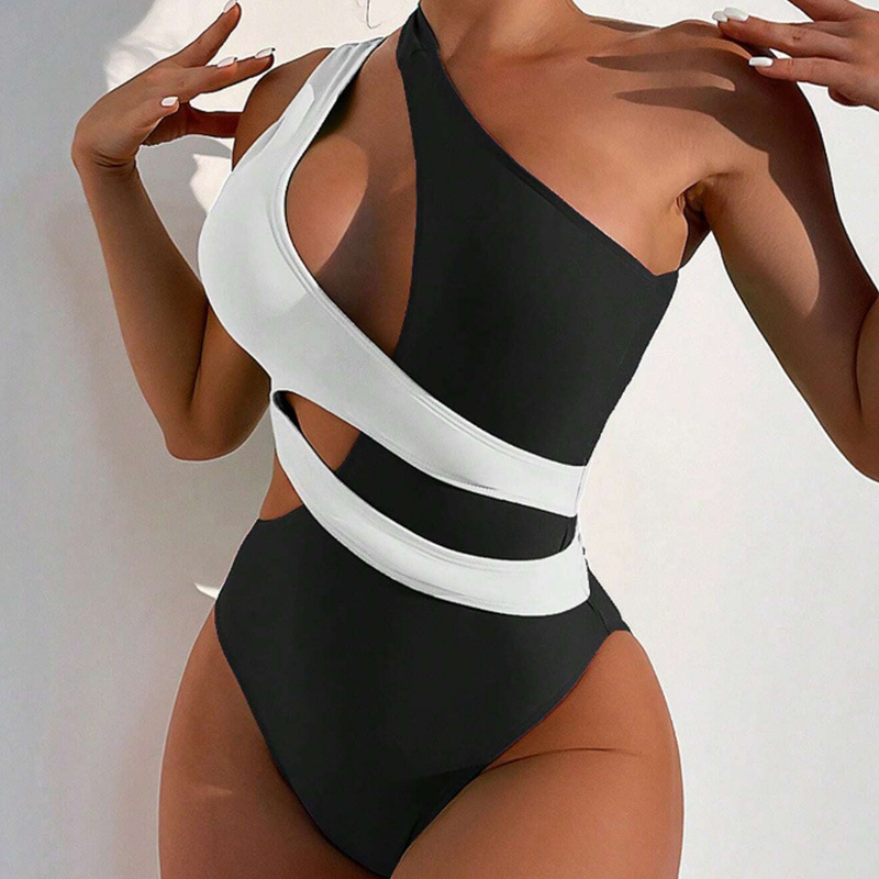 Cross Color Matching Lace Up Swimsuit For Women - Black, S