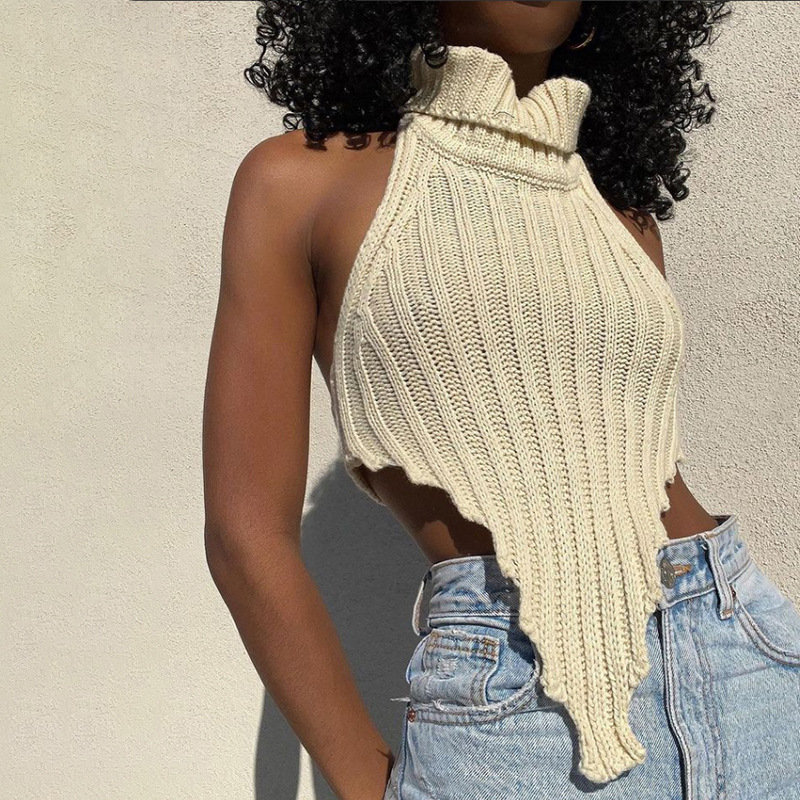 Women's Solid Color Turtleneck Irregular Slim Fit Knit Tank Top - Apricot, S