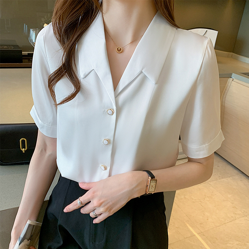 Summer High End Ladies Short Sleeve Chiffon Shirt Women - White, L
