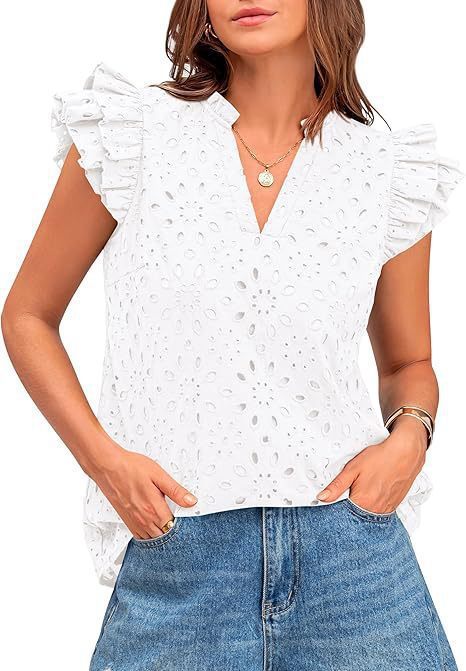 Women's Eyelet Top Fashion Casual V-neck Pleated Cover Sleeve Lace Embroidered Shirt - White, S