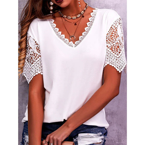 Lace Tops Women Summer Loose V Neck Short Sleeve Casual Shirts - White, XXXL