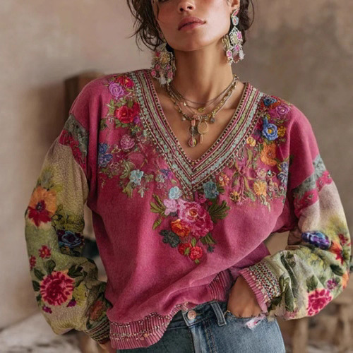 Womens Floral Embroidered Printed V-Neck Long-Sleeve Top - Picture Color, M