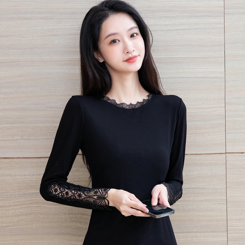 Womens Low-neckline Lace Black Top Thin Long-sleeve Design - Black, Plus Size