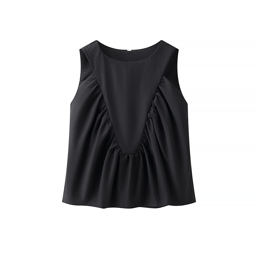 Pleated Decorative Vest Women's Solid Color Round Neck Sleeveless Pullover - Black, M