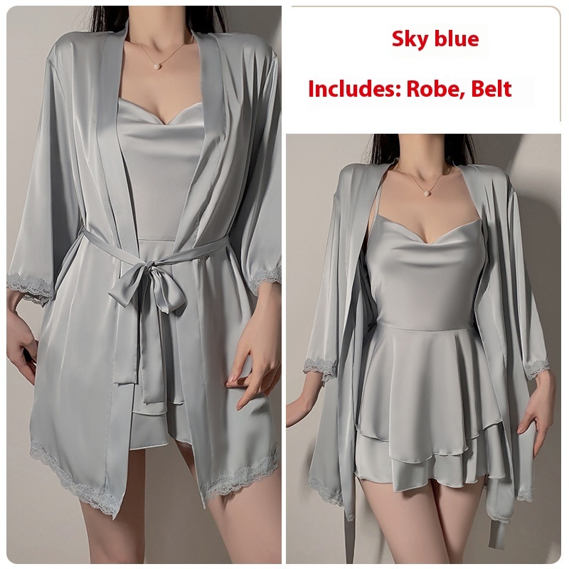 Underwear Pure Lace Slip Nightdress Outerwear Gown Homewear Suit - Sky Blue Outerwear Gown Belt, Free Size