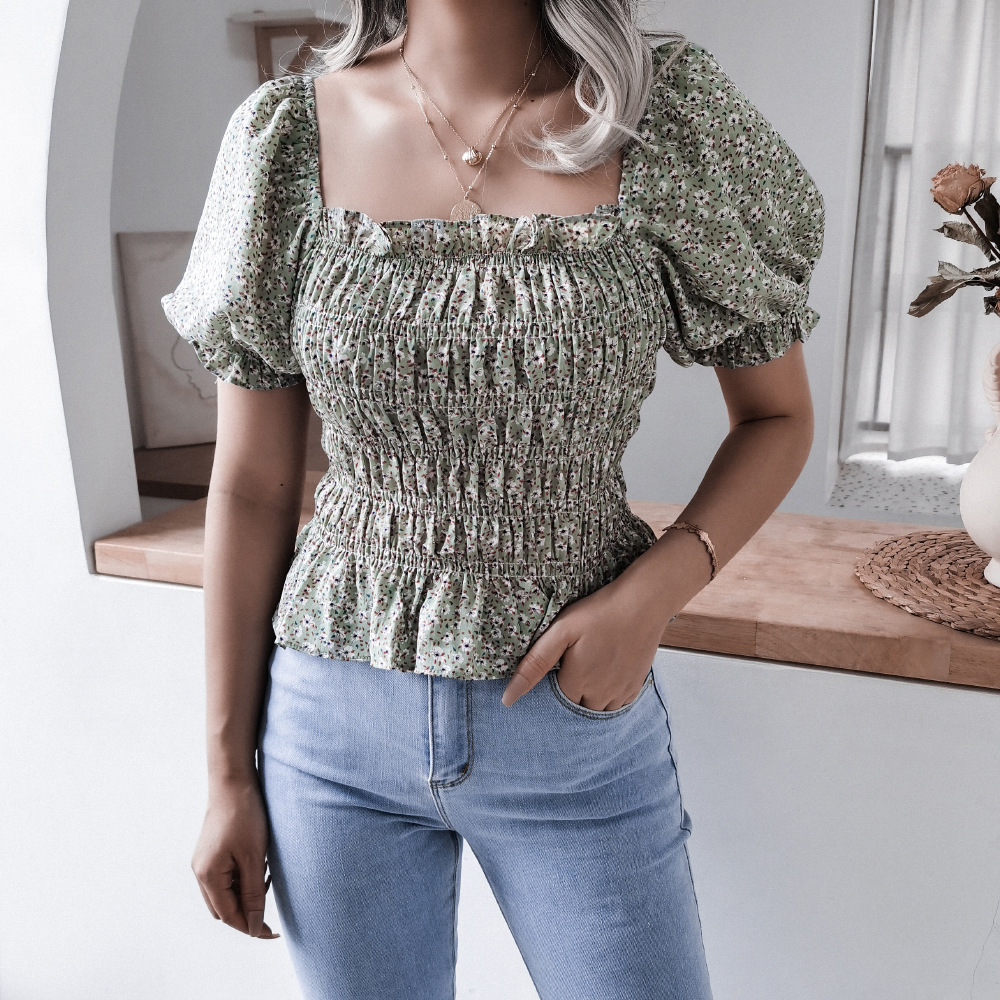 Square Neck Lantern Sleeve Ruffle Floral Chiffon Shirt Top - Green, S