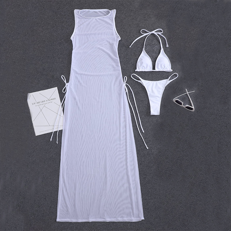 New Solid Color Sexy Split Swimsuit - White, L