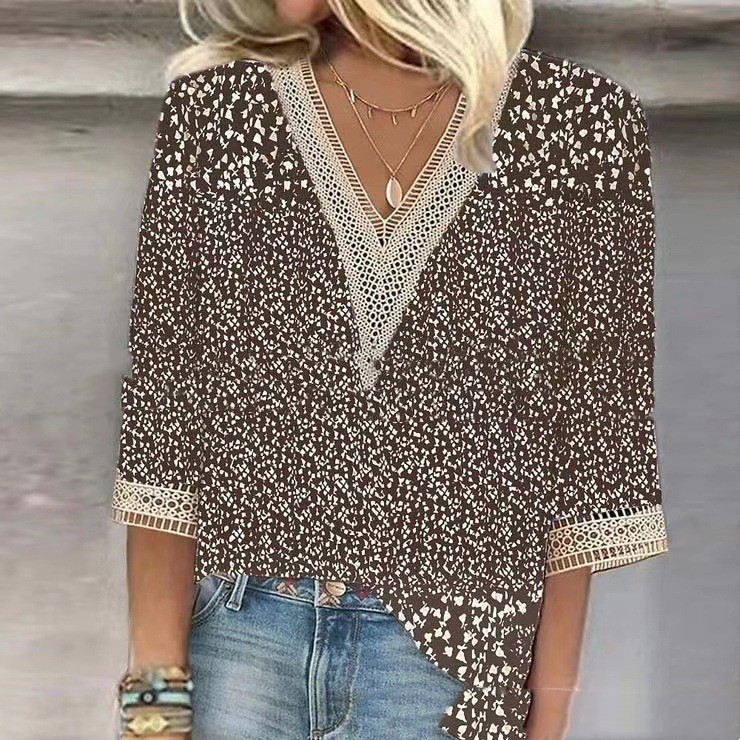 Flower Loose Casual Lace V-neck Shirt - Dark Brown, XXL