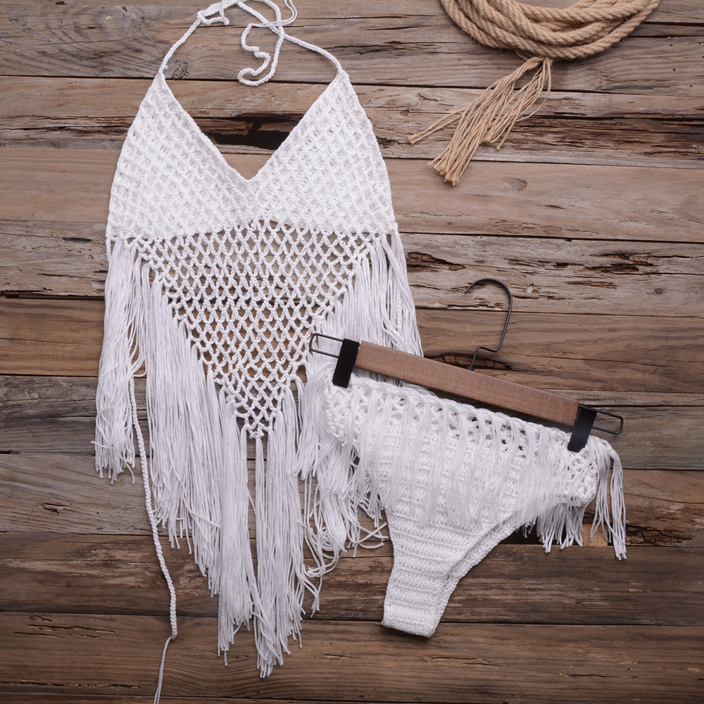 Hand-woven Beach Hollow Tassel Split Swimsuit Set Factory Direct Sales - White, S