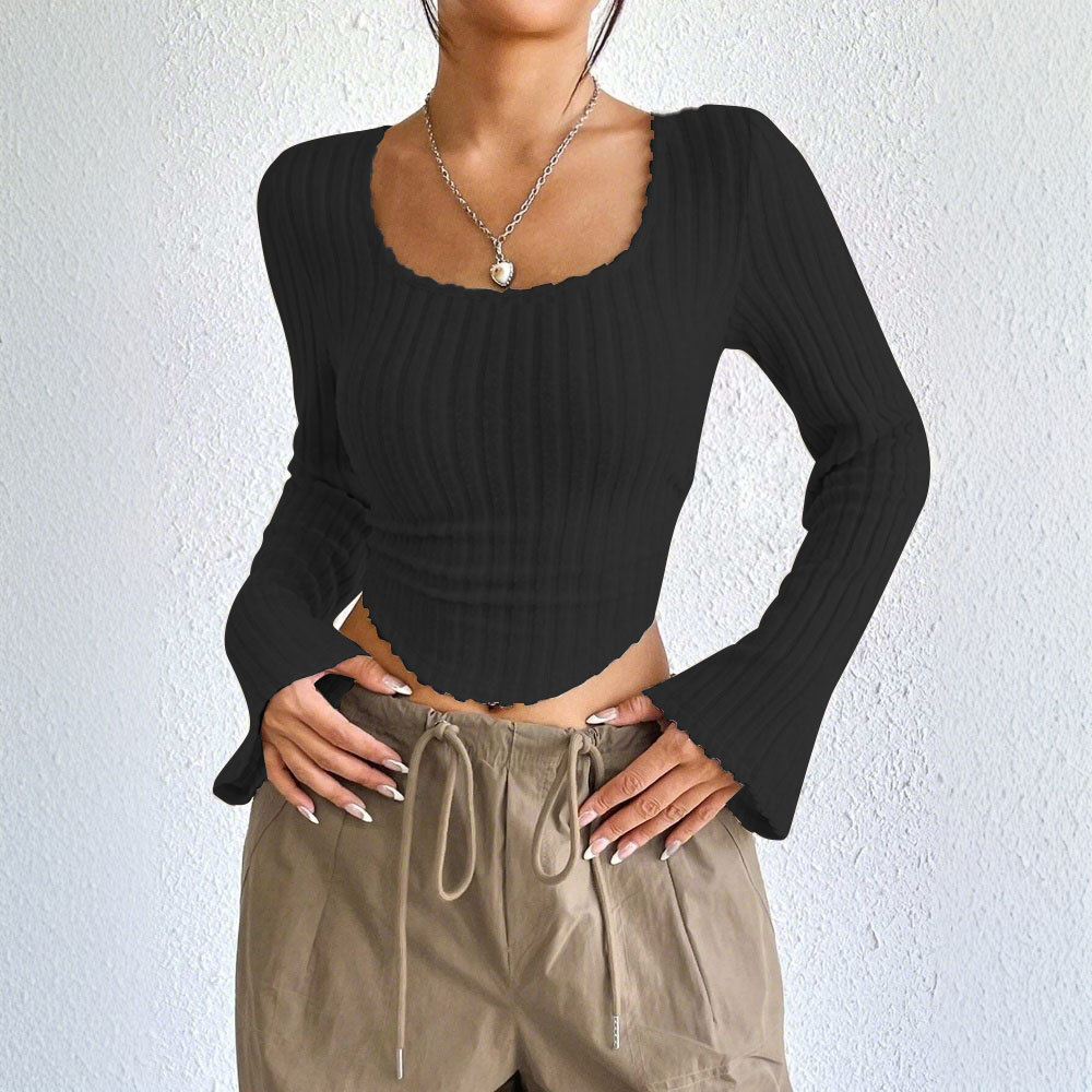 Autumn And Winter New Women's Fashion Elegant Style T-shirt Square Neck Bell Long Sleeve Top - Black, XL