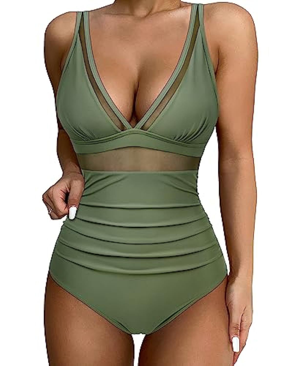 Women's High Waist One-piece Swimsuit - Light Green, L