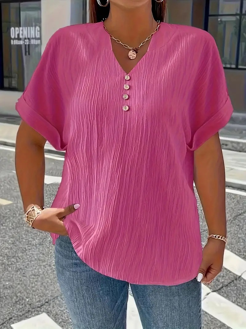Summer Casual Women's Clothing Small V-neck Short-sleeve Top - Rose Red, M