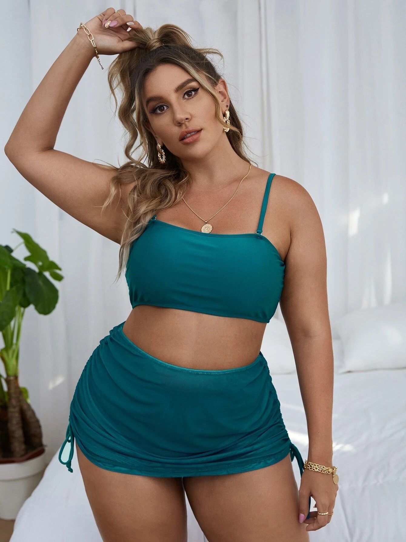 Pure Color Mesh Bikini Three-piece Set For Women - Peacock Green, 3XL