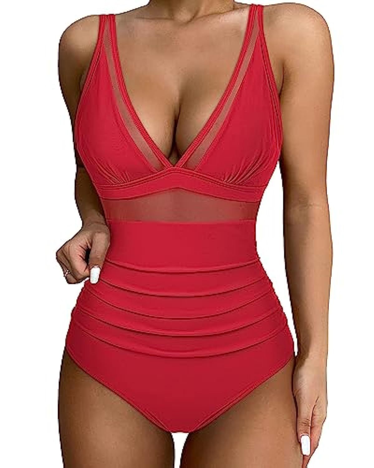 Women's High Waist One-piece Swimsuit - Red, XXL