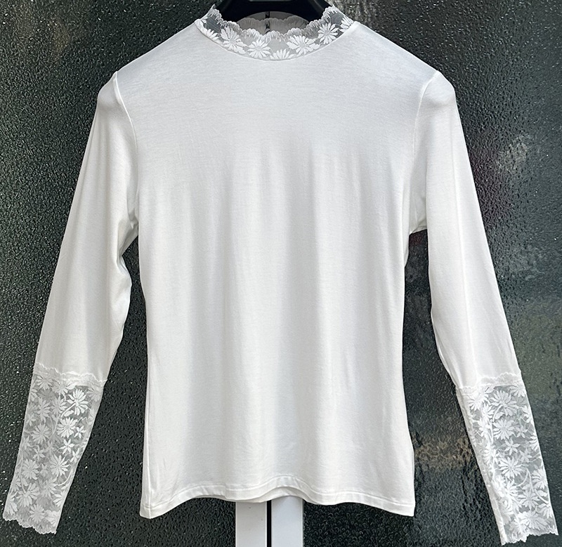 Womens Low-neckline Lace Black Top Thin Long-sleeve Design - White, Average Size