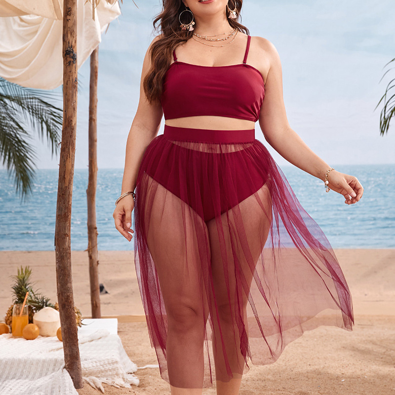 Plus Size Bikini Split Swimsuit Gauze Skirt - Wine Red, 4XL