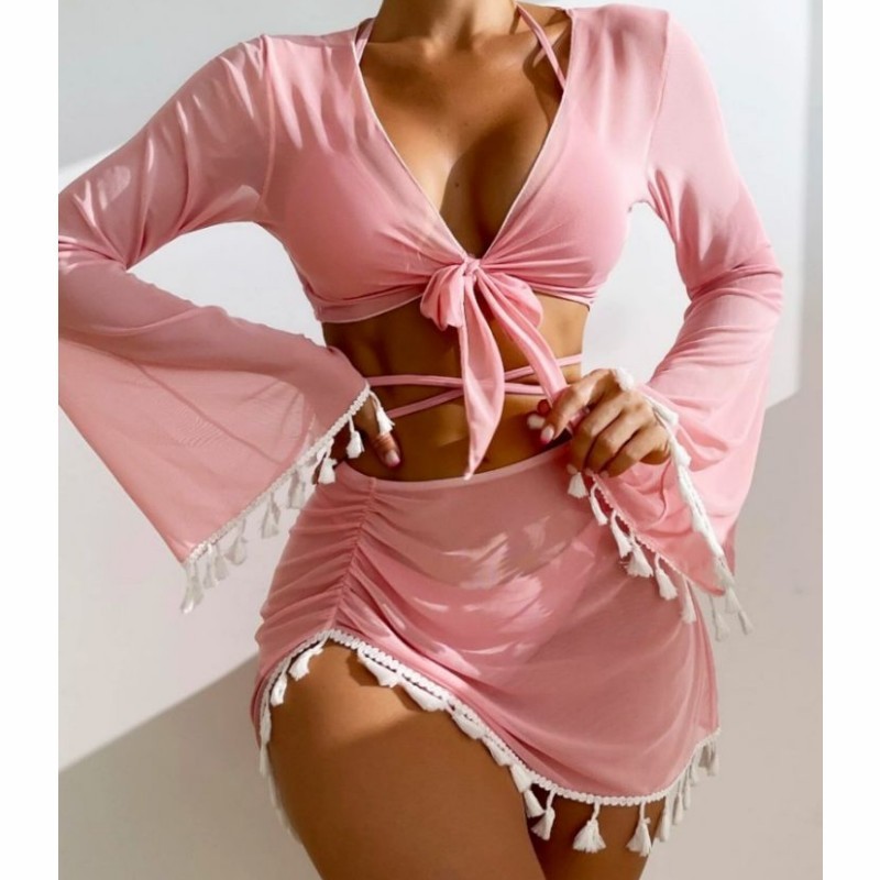 New European And American Conservative Four-piece Solid Color Tassel Blouse Mesh Skirt Bikini Swimsuit For Women - Pink, S