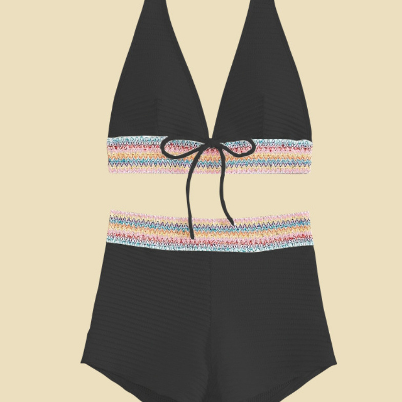 Women's Split High Waist Bikini Suit - Black, XL