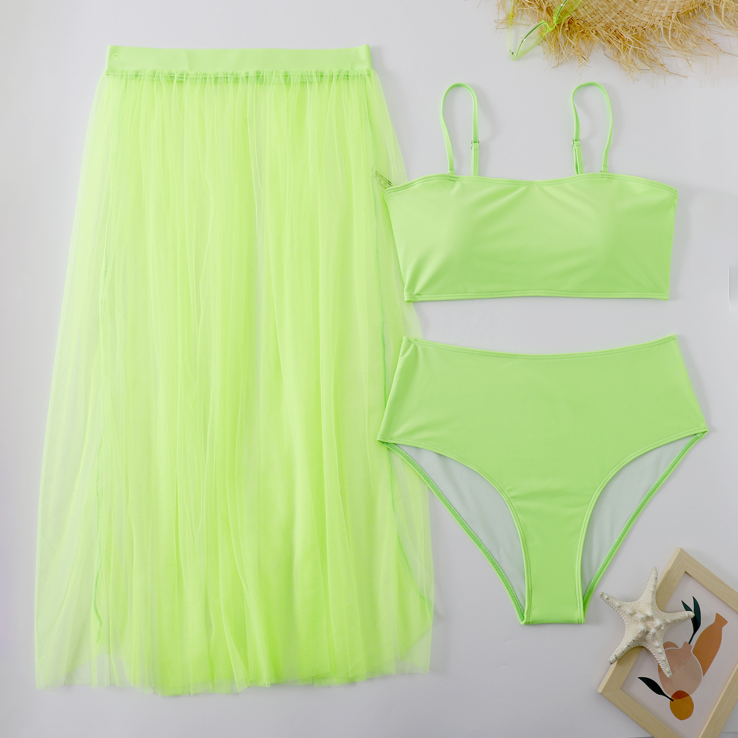 Plus Size Bikini Split Swimsuit Gauze Skirt - Silver green, S