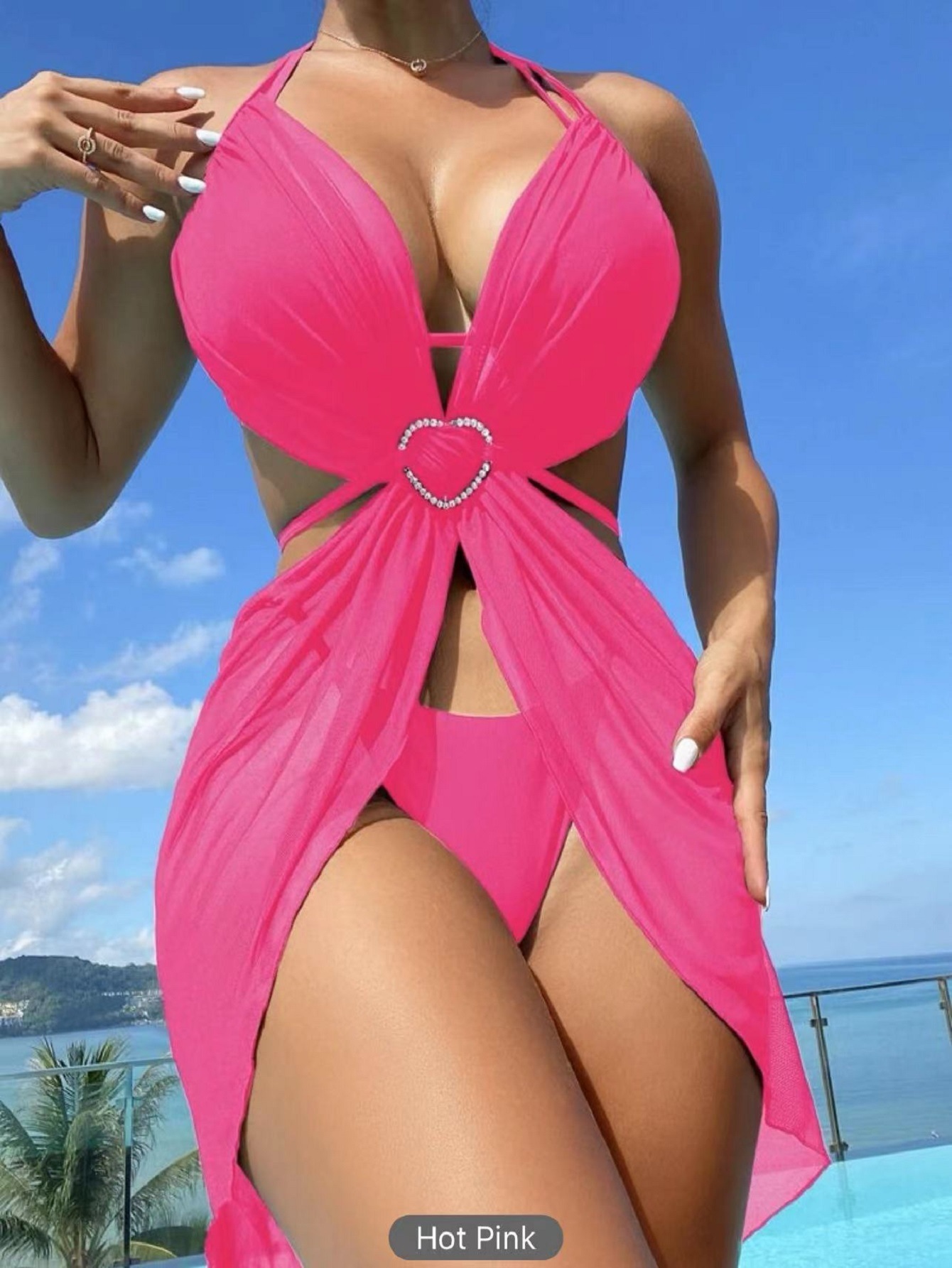 3pcs Halter Neck Bikini Beach Summer Solid Color Split Swimsuit Womens Clothing - Dark Pink, S