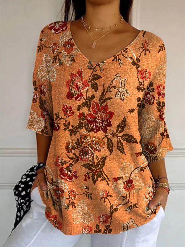 Elegant Retro Womens Casual Floral Print V-Neck Long-Sleeve Top - Style 6, M