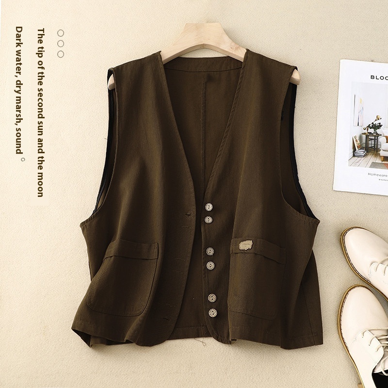 Women's Short Korean-style Retro Cotton And Linen Vest - Brown, XL