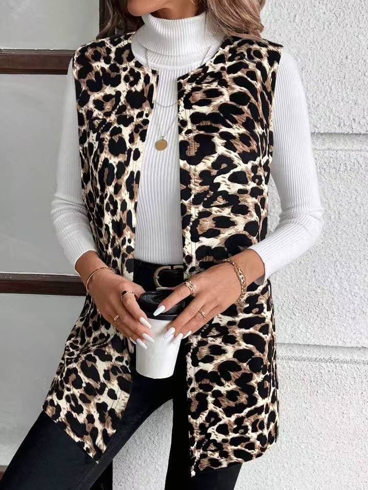 Womens Stylish Casual Leopard-print Jacket - Khaki Color, XL