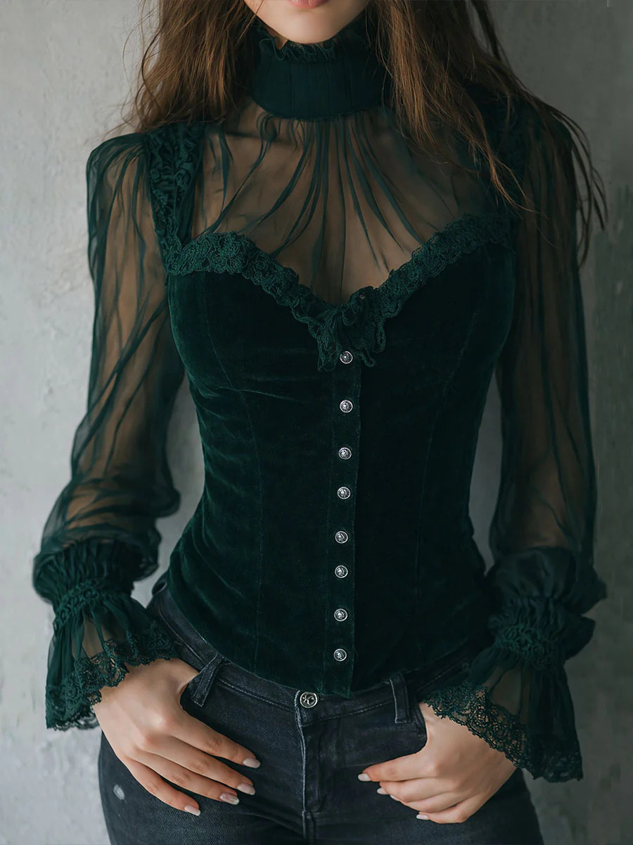Mesh-panel Black Lace Top With Hollow-out Floral Trim - Dark Green, XL