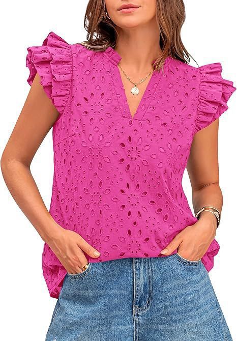 Women's Eyelet Top Fashion Casual V-neck Pleated Cover Sleeve Lace Embroidered Shirt - Rose Red, XL