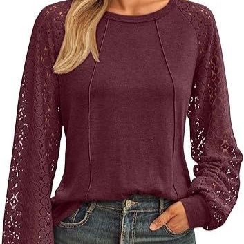 Women's Lace Patchwork Round Neck Pleated Long Sleeve Top - Wine Red, M