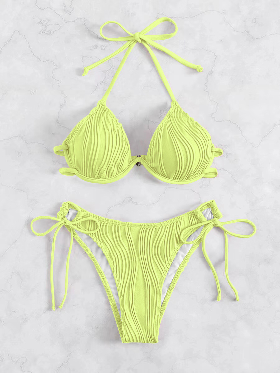 Women's Split Sexy Bikini Swimsuit With Steel Bracket - Yellow Green, L