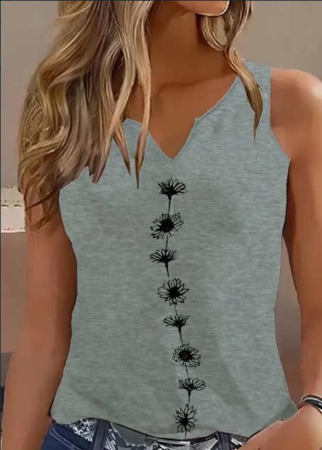Floral Print Tank Top, Casual Notch Neck Summer Sleeveless Top, Women's Clothing - Grey, XL