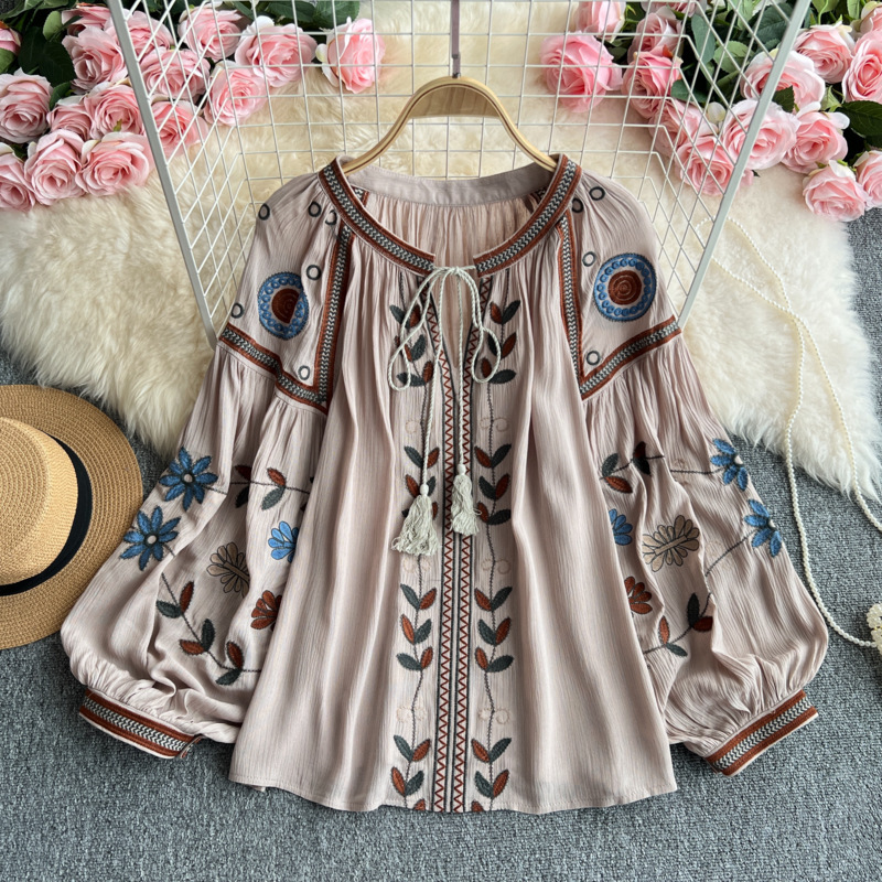 Women's Embroidered Crew-Neck Top With Lace-up Lantern Sleeves - Khaki, Free Size