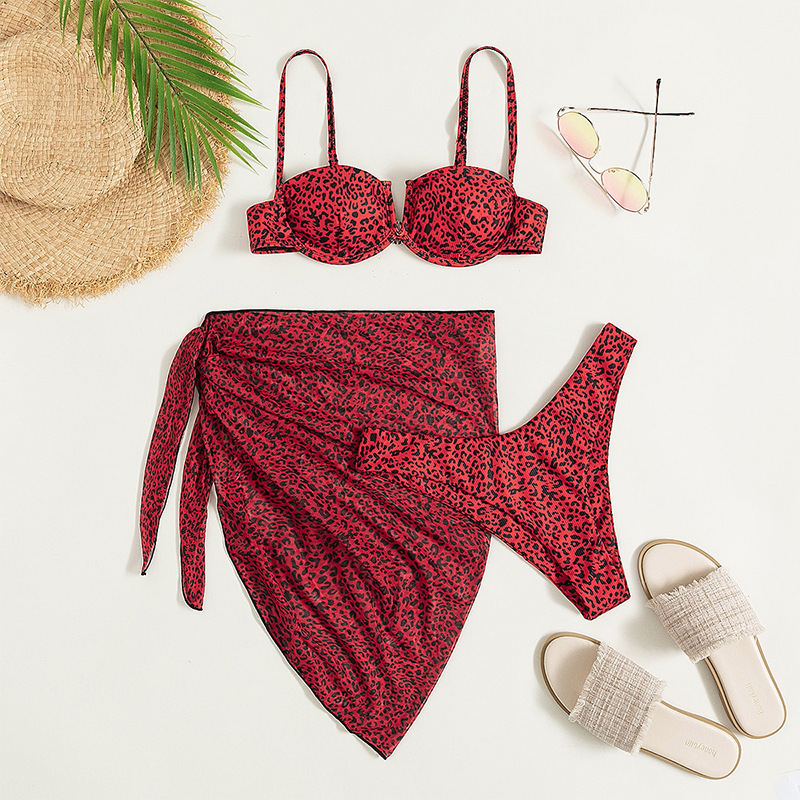 Three-piece Floral Bikini Beach Dress - Red, S