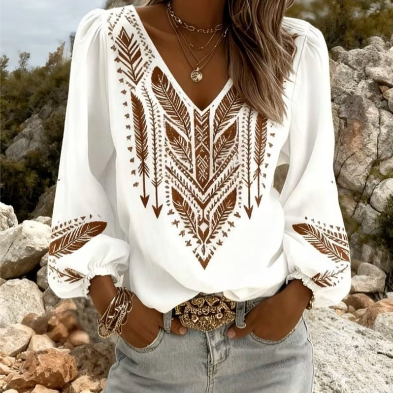 Plus-size V-neck Long-sleeve Printed Top For Women - 36style F628, S
