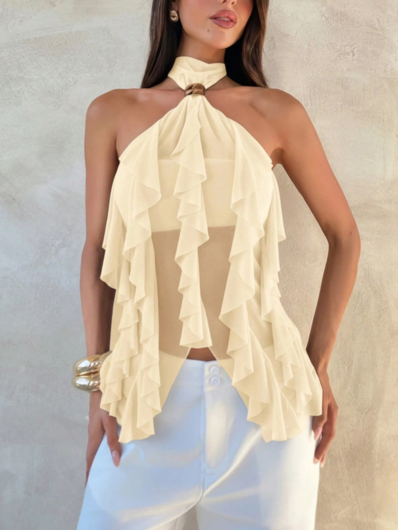 Women's Fashion Halterneck Off-shoulder Elegant Top For Women - Light Yellow, S